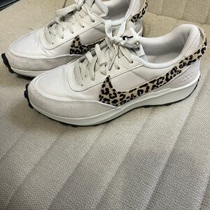 Nike White and Brown Athletic Shoes with Leopard Print